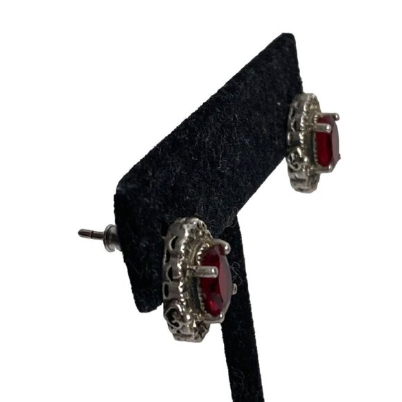 Marsala Sterling Silver Earrings Marcasite Ruby CZ Oval Studs Elegant Regal - Picture 6 of 7